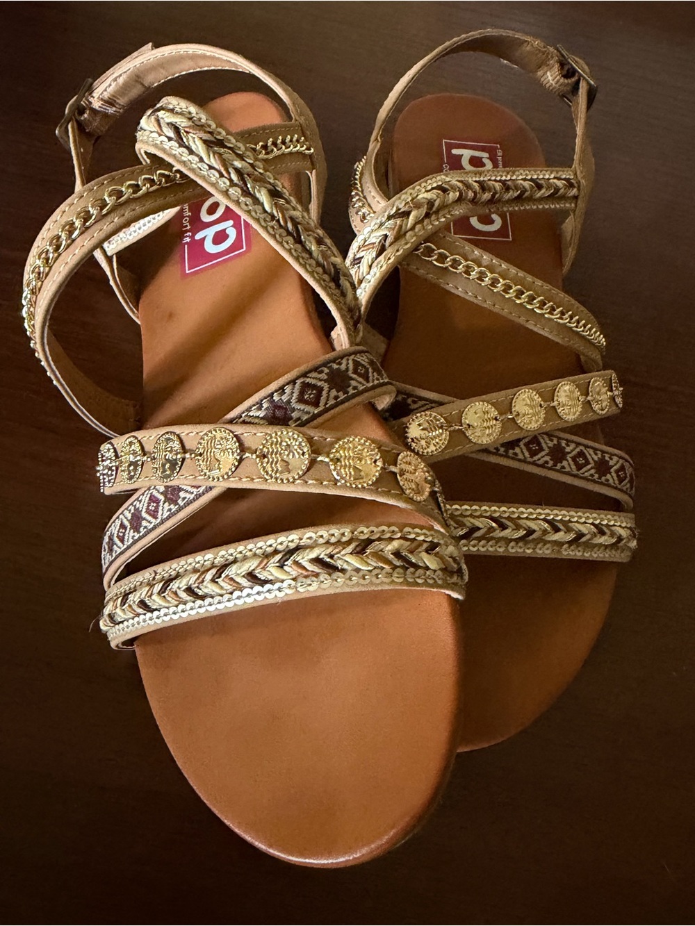 pop Tan and Gold Braided Boho Sandals with Coin Accents